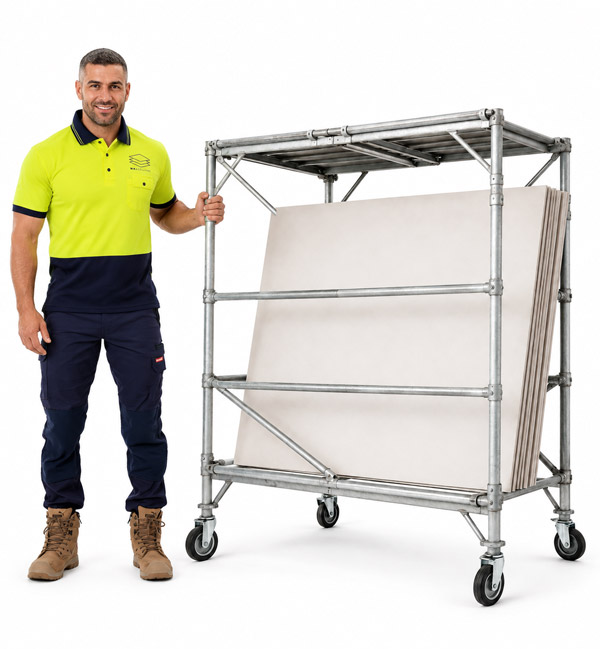 MJ Ceilings tradesperson with a trolley of plasterboard sheets